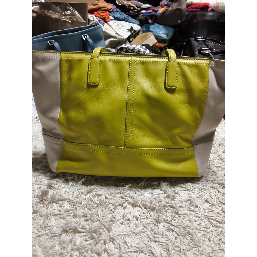 79.Coach Bleecker Perforated Logo Colorblock Leather Tote Bag Lime Green 23469